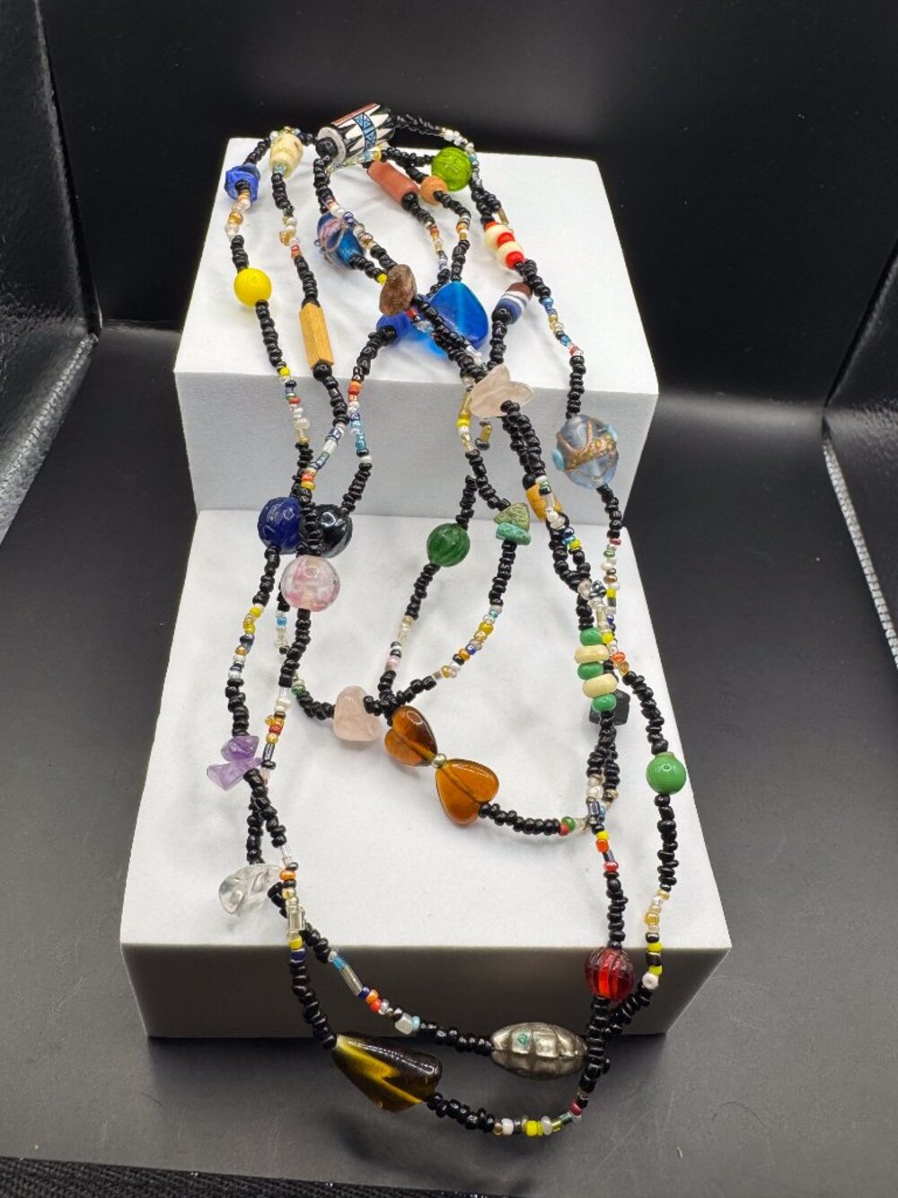 Vintage Boho Artisan Multi Stone Art Glass Skull Heart Statement Necklace 34"